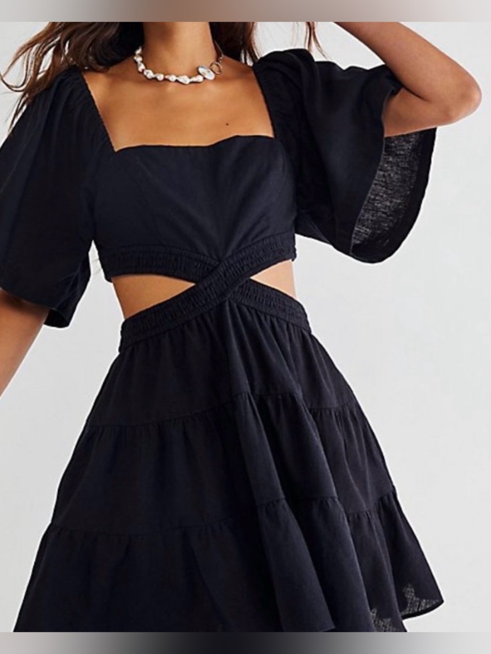 #1261 Free People Women’s Black Cutout Puff-Sleeve Dress